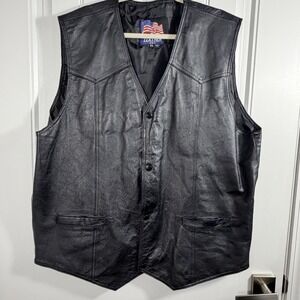 Leather U.S.A. Black Genuine Leather Motorcycle Biker Vest Snap Front Men's 5XL